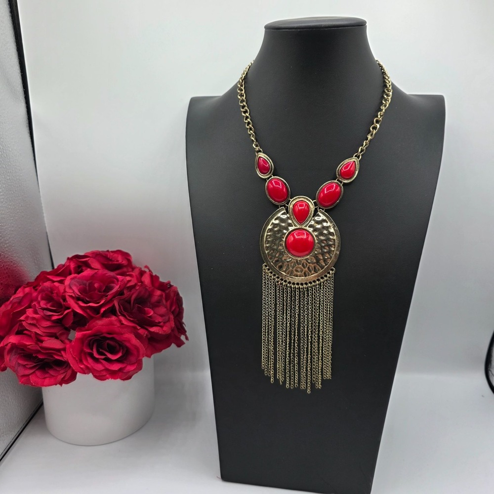 Statement Necklace Gold Tone Red Stones Hammered Disc‎ Tassel Boho Used
